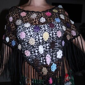 black / multicolor floral fringe crochet poncho with beaded details